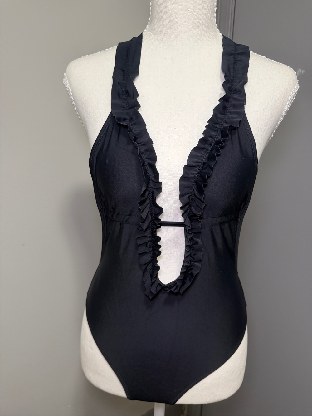 Black Ruffled Halter One-Piece Swimsuit